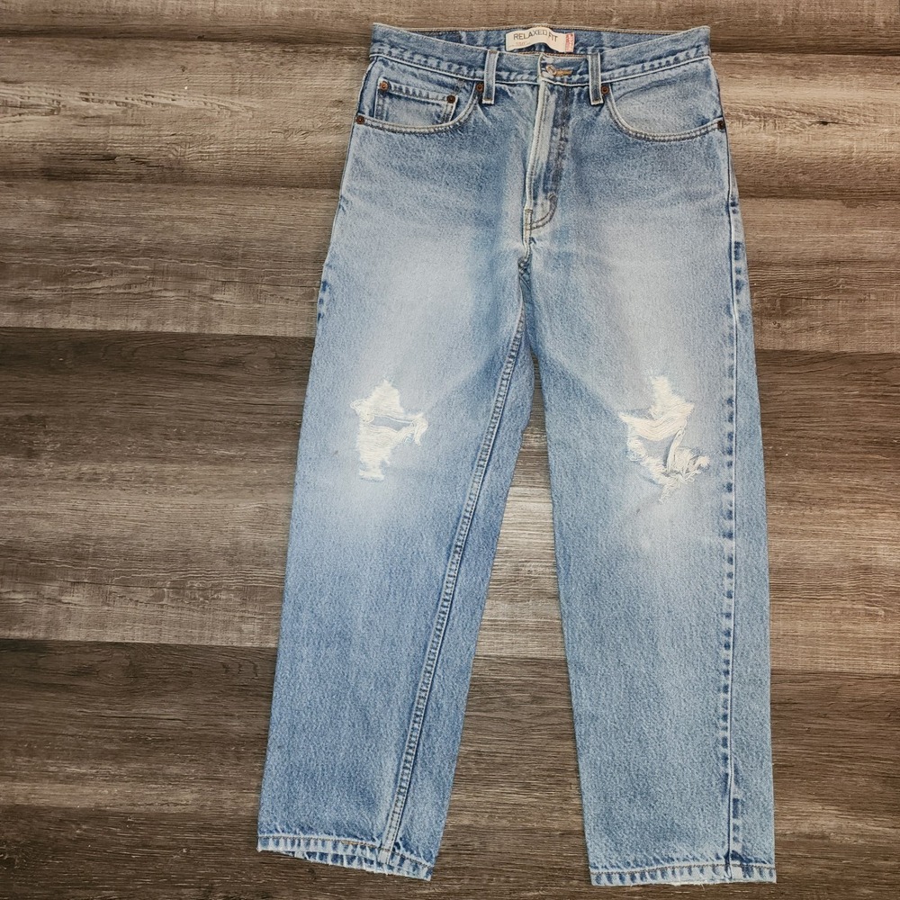 Levis 550 Mens 32x30 Distressed Relaxed Fit Straight Leg Light Wash Jeans Blue
